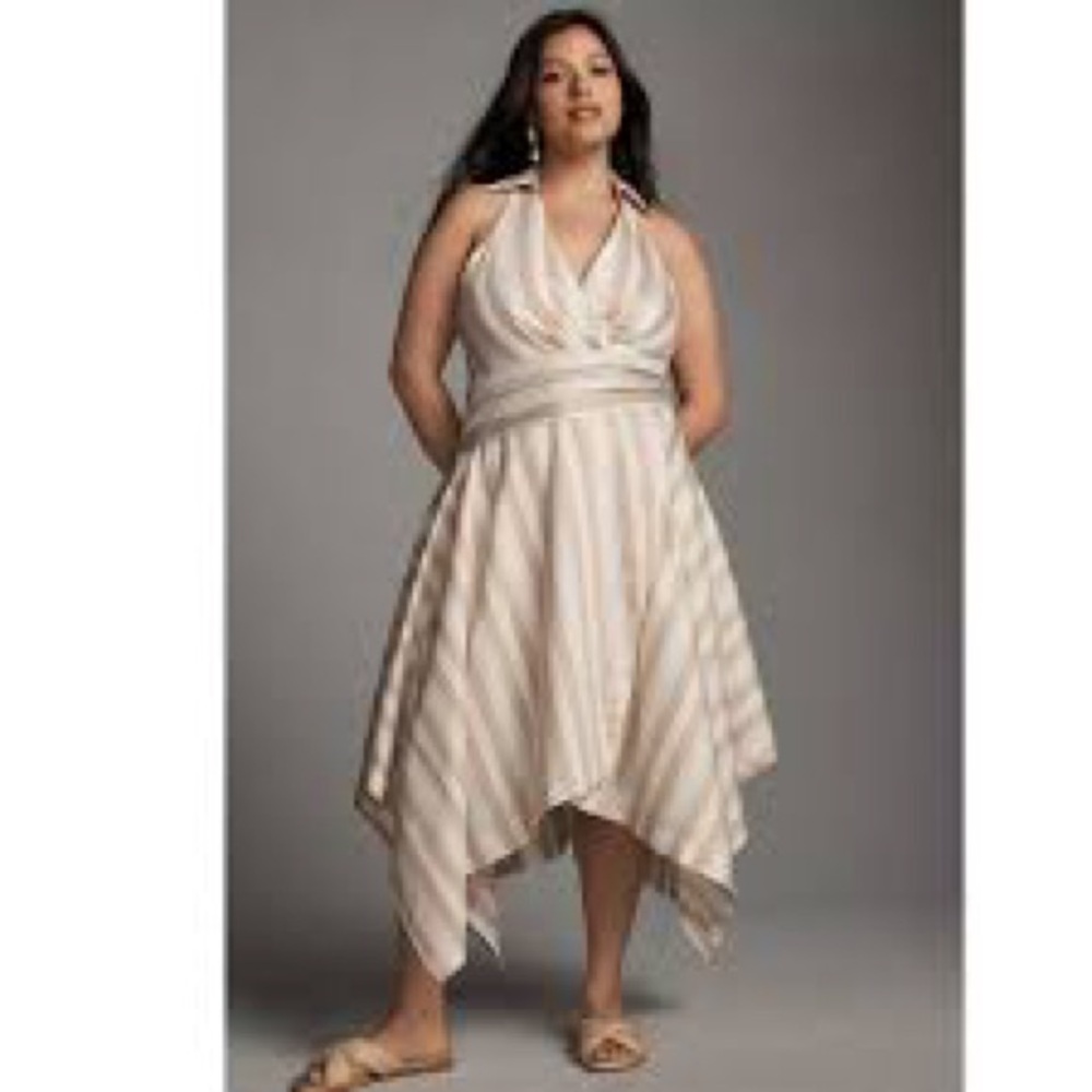 Maeve Striped Midi Dress in Beige and White - Picture 2 of 4
